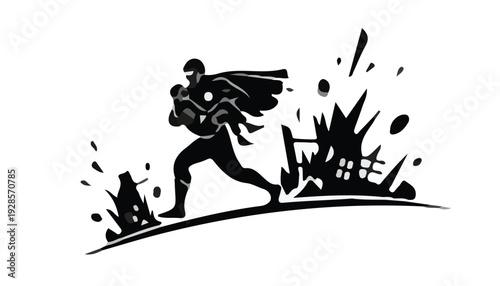 Black silhouette of a superhero running with cape flowing behind in a dynamic pose against a white background with abstract destruction elements.