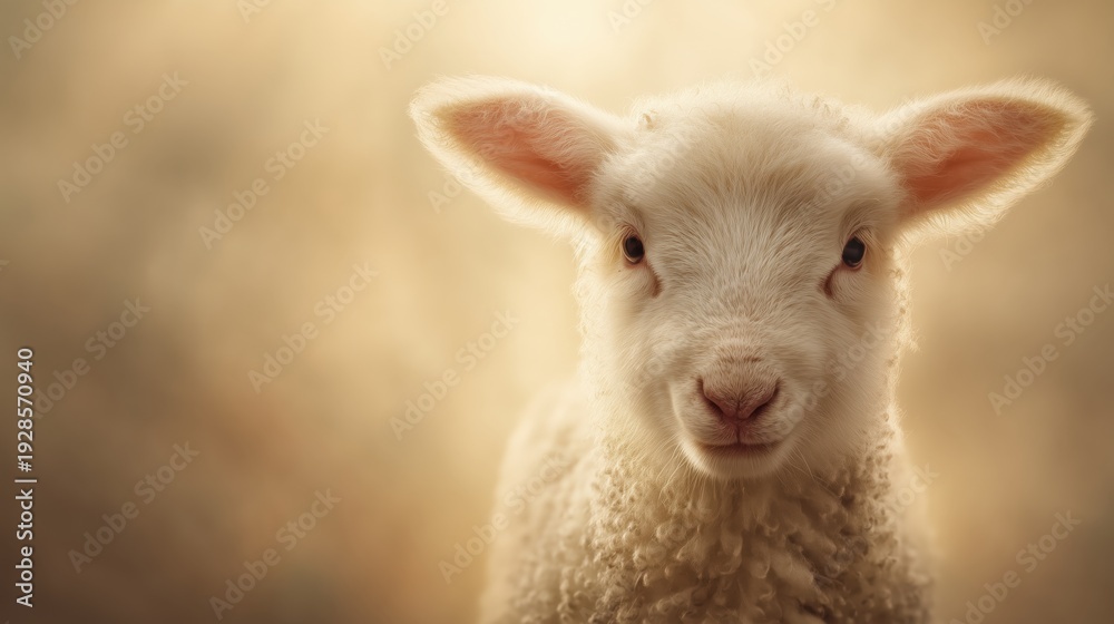 Obraz premium Close up portrait of a white lamb with golden backlighting. Symbolic Lamb of God for Easter. Religious and sacred concept of purity and innocence. Copy space for text