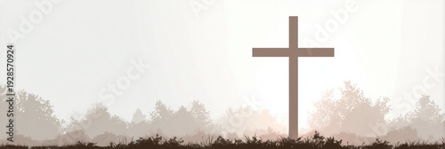 Silhouette of a wooden Christian cross on a grassy hill at sunrise. Religious Easter background with fog and trees. Panoramic banner with copy space