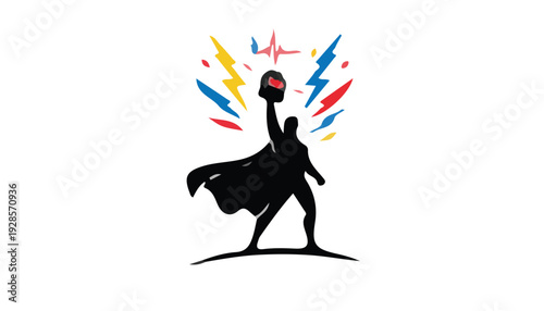 Silhouette of a dancing superhero with colorful lightning bolts against a white background.