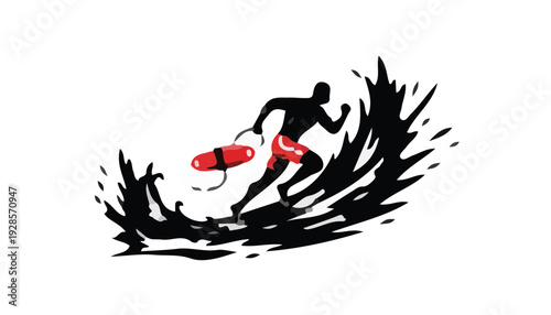 A surfer in black silhouette runs with a red surfboard on a white background with dynamic black wave splashes.
