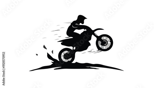A black silhouette of a motorcyclist riding a dirt bike on a mound with motion lines against a white background.