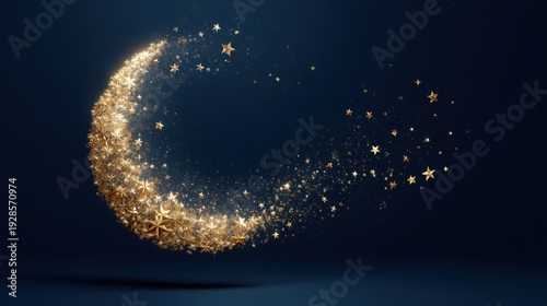 Golden crescent moon made of shimmering stars on a dark blue background. Ramadan and Eid al-Fitr celebration concept. Celestial night sky with copy space for text. Festive holiday illustration