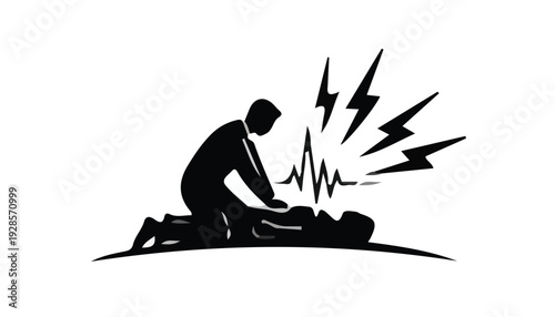 Silhouette of a person performing CPR on another person with an ECG line and lightning bolts in the background on a white background.