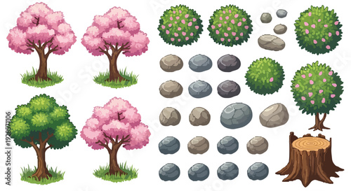 A collection of cartoon vector nature elements, featuring pink cherry blossom trees, green trees, flowering bushes, various rocks, and a tree stump.