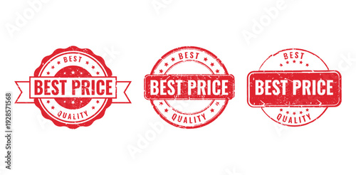 set of three red best price quality rubber stamps with grunge texture for retail discount marketing