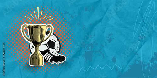 A trendy halftone collage in pop art style. A football championship gold trophy with a ball and boot. Design for games, awards, and competitions. Vector illustration.