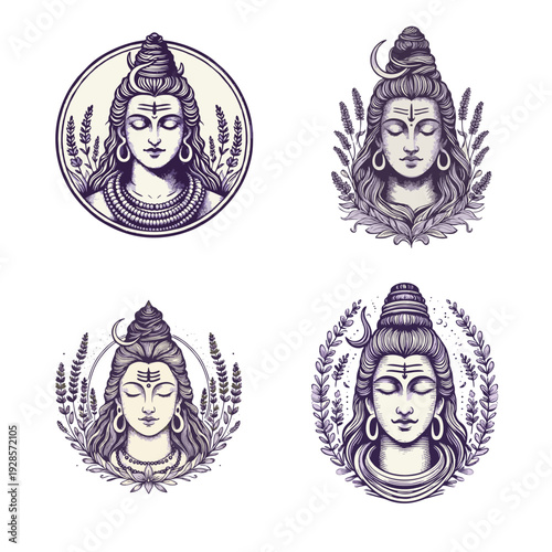 Four serene illustrations of Lord Shiva meditating, featuring his iconic third eye, crescent moon, and botanical lavender elements in a stylized art style.