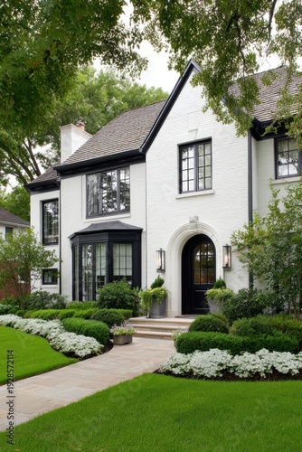 Wallpaper Mural Beautiful house with green lawn and garden on a sunny day in a residential area, showcasing modern design and landscape in a suburban neighborhood Torontodigital.ca