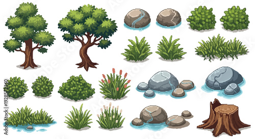 A vibrant vector collection features stylized trees, diverse bushes and grass, various rocks (some wet), and a detailed tree stump for natural environments.