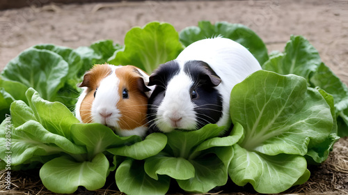Guinea pigs pull lettuce leaves from each other in a cage at the zoo. Guinea pigs were given a leaf of lettuce and they fought over it. Funny guinea pigs can't share a leaf of lettuce at the zoo.