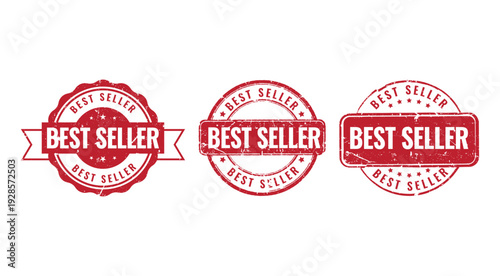 set of three red best seller rubber stamps with grunge vintage texture for retail marketing promotion