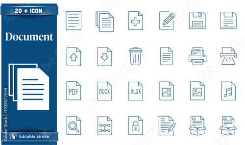 Collection of various document icons in blue and white