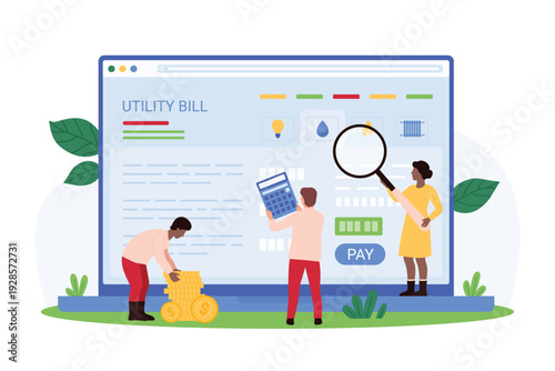 People using digital devices to manage and pay utility bills online with calculator coins and magnifying glass on a large screen interface isolated vector illustration