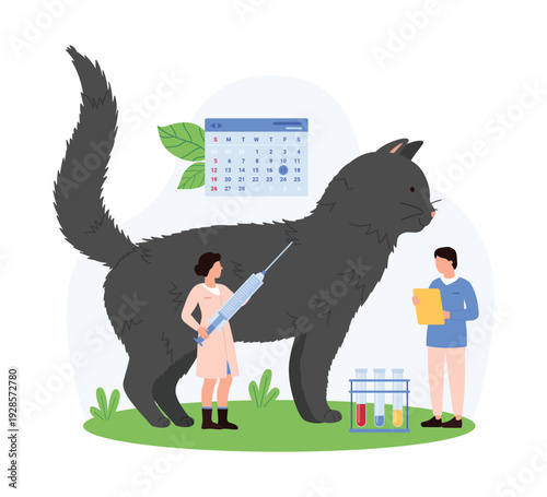 Veterinary appointment concept with tiny people examining large black cat, calendar for scheduling, syringe, test tubes, and medical checkup on white isolated background vector illustration