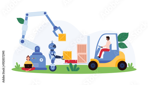 Automation in warehouse logistics with robots, forklift, and tiny people working together on isolated white background for technology, industry, and innovation concepts vector illustration