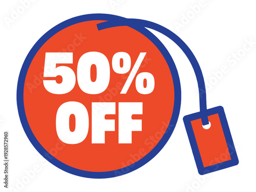 Fifty percent off discount tag illustration with bold text on a red circular label.