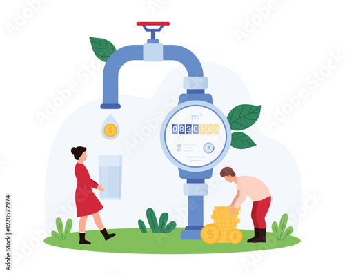 Concept of water consumption cost with tiny people, large water meter, coins, and faucet on isolated white background for utility savings, finance, and resource management vector illustration
