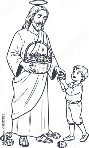 hand drawn illustration of jesus christ giving an easter egg to a young boy with a basket. religious scene without white fills for easy coloring and design