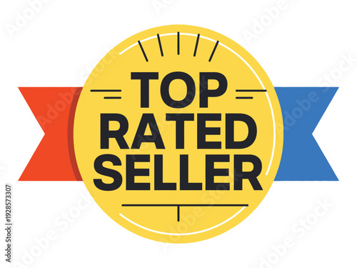 Top rated seller badge with yellow medal and red and blue ribbons on white background.