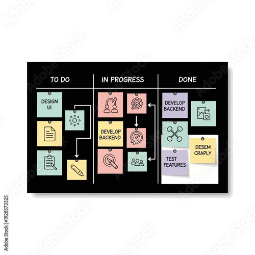 Modern black vector illustration of an agile project management kanban board, visualizing task flow, development stages, and team collaboration in a digital workspace