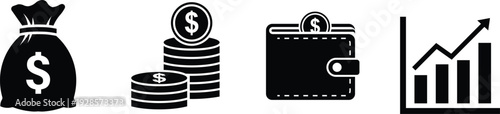 Money bag coins wallet and rising graph black and white dollar sign stack of coins currency
