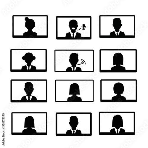 Remote work from home group video call screen icons representing diverse participants in a professional setting