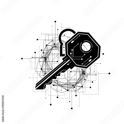 Striking black vector illustration of a digital key with circuit patterns, embodying advanced cybersecurity, secure access control, and interconnected data networks