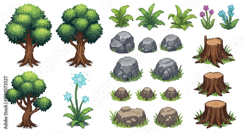 A diverse collection of pixel art nature elements featuring trees, bushes, various flowers, rocks, and tree stumps, isolated on white.