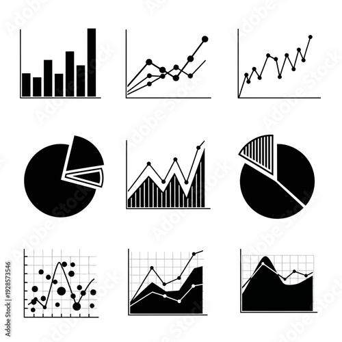 Collection of nine different black and white vector graphs and charts for data visualization and analysis
