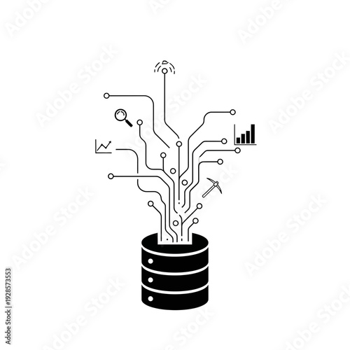 Digital data intelligence system visualization with database, circuit board connections, and analytical tools for processing, insights, and technological growth