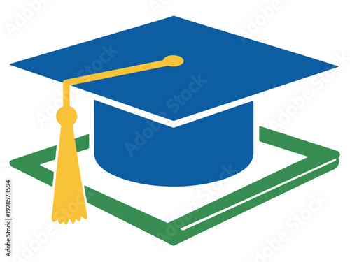 Blue graduation cap with yellow tassel rests upon a green square frame education.