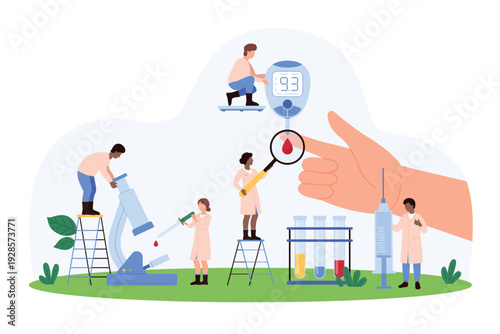 Diabetes awareness, blood sugar control. Tiny people monitor glucose level with glucometer, doctors test blood sample from patients finger for diagnosis and treatment cartoon vector illustration