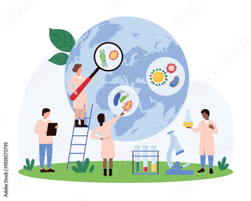 Epidemiology research, global pandemic risk. Tiny people with magnifying glass study microbes and pathogens spread on world map, test water sample in laboratory for danger cartoon vector illustration