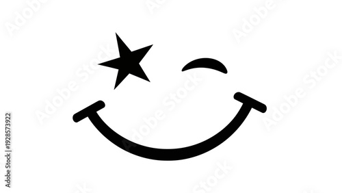 A minimalist black and white illustration of a smiling face with a star and a wink, conveying happiness and a positive vibe