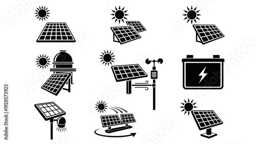 Array of Solar Panel Icons Showcasing Renewable Energy Technology and Storage Solutions