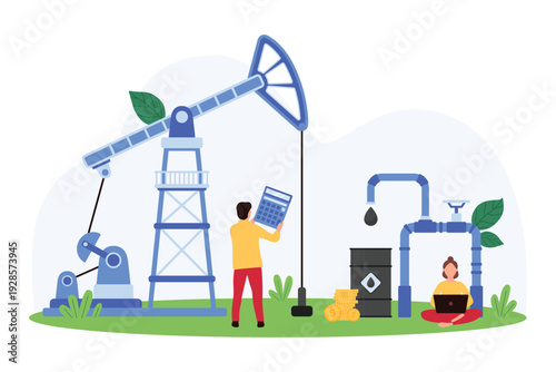 Oil industry, oilfield exploration with derrick rig, energy and petroleum production. Tiny people control oil crude extraction, work of drilling pumpjack and pipeline cartoon vector illustration