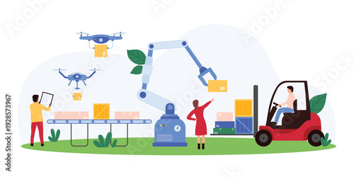 Automation of loading and distribution of goods in factory warehouse, smart manufacturing process. Tiny people and robotic arm load boxes from conveyor belt to forklift cartoon vector illustration