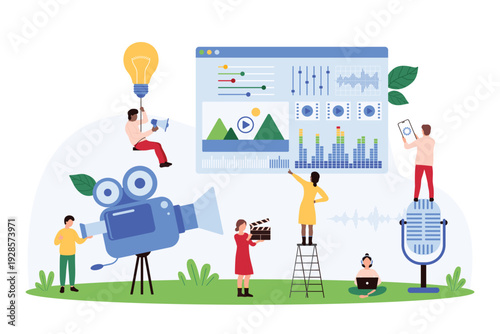 Video editing, film montage using software, mobile app. Tiny people with microphone and professional camera record movie, edit creative animation project with visual tools cartoon vector illustration