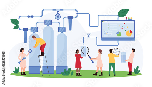 An illustration showing tiny people working together on a water purification system. The scene includes large filtration tanks, pipes, and a digital monitoring screen. Some people are performing