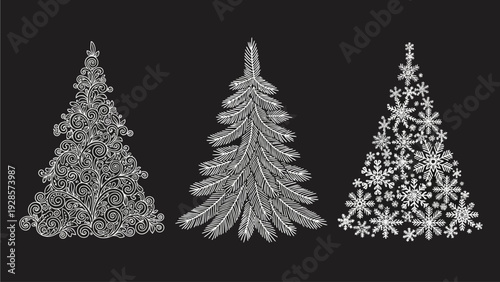 Elegant monochrome Christmas tree collection three unique holiday illustrations featuring detailed fir, ornate ornament, and intricate snowflake designs, ideal for festive season projects