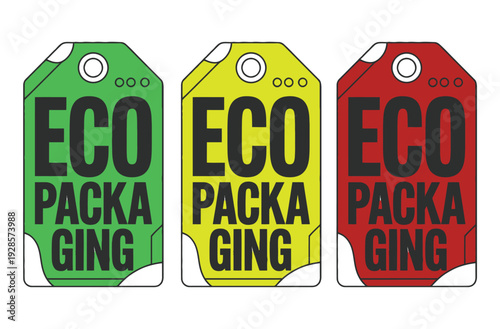 Eco packaging labels in green, yellow, and red show environmental responsibility.