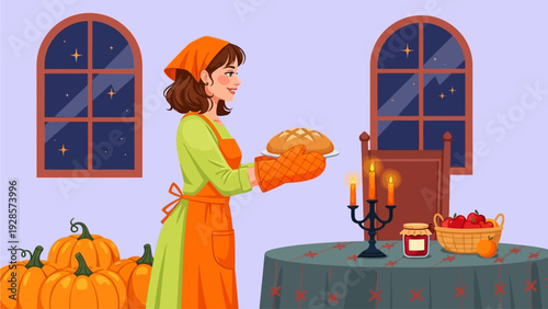 Charming illustration of a woman in an apron and headscarf presenting a freshly baked loaf of bread in a cozy, dimly lit room with pumpkins and candlelight