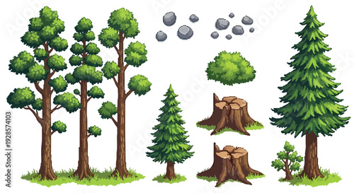 A vibrant set of cartoon-style forest assets featuring deciduous and coniferous trees, lush bushes, rocks, and weathered tree stumps.