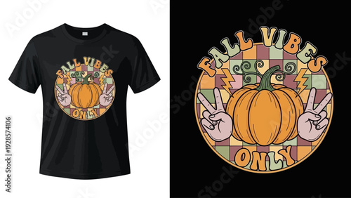 Retro Fall Vibes Only Pumpkin Peace Sign Graphic T-Shirt Design