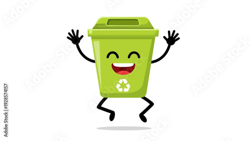 Happy Green Recycling Bin Mascot Joyfully Jumping, Symbolizing Environmental Protection, Sustainable Waste Management, and Eco-Friendly Practices for a Cleaner Future