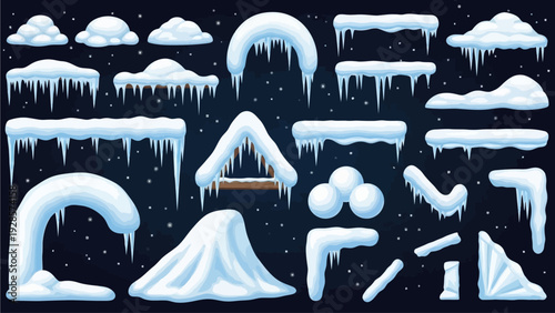 Collection of cartoon-style snow and ice elements for winter game design and festive decorations