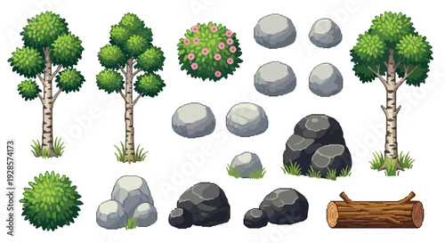 This vector image displays a collection of stylized outdoor elements: trees, bushes, rocks, and a log, rendered in a clean, illustrative style.