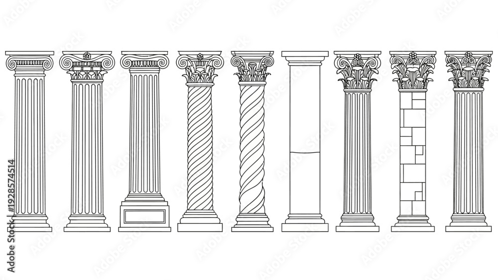 Fototapeta premium Classical Architectural Columns Line Art Collection Featuring Various Ancient Greek and Roman Pillar Styles and Historical Building Elements for Design and Education