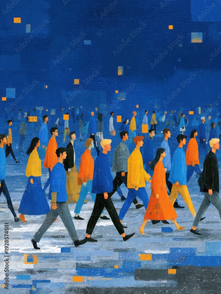 Obraz premium Busy crowd illustration in expressive blue gouache with textured pastel accents and glowing abstract light for urban life and community concepts.